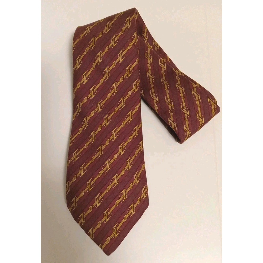 hermes‎ Men Vintage Red Gold Printed 57"  Silk Tie